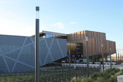 Modern building with a wooden façade section, known as Building G on the Campus Sud of the Université de Picardie Jules Verne in Amiens, France